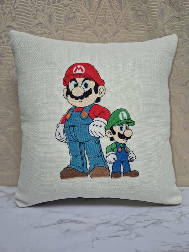 Cushion featuring Mario and Luigi, iconic video game characters, in colourful attire.
