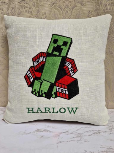 Cushion featuring a Minecraft Creeper graphic with the name "HARLOW" below.