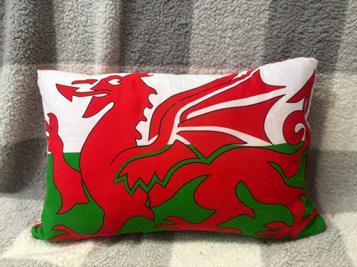 Rectangular pillow featuring the red Welsh dragon on a white and green background.