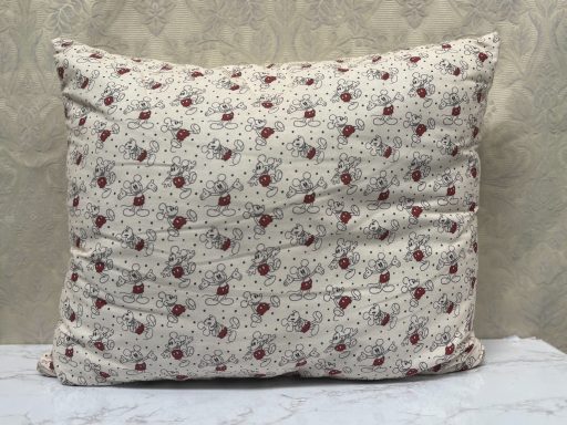 Floral-patterned cushion with red and dark blue on a cream background.