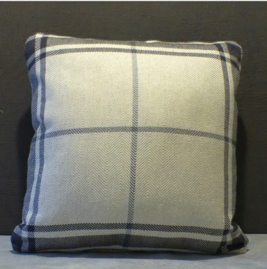 Square cushion with a grey and blue checked pattern.