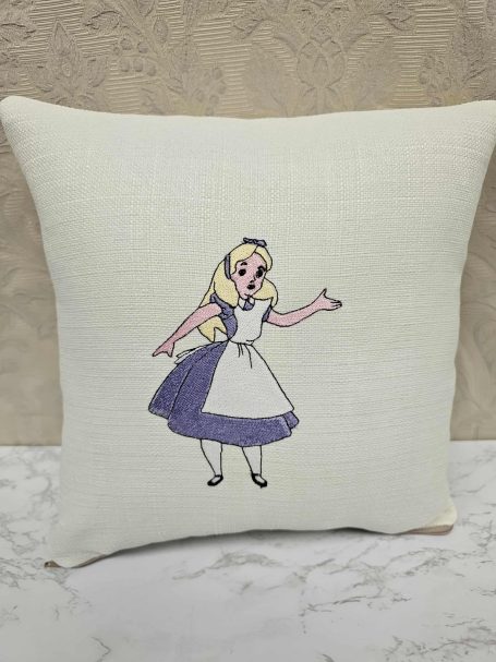 Cartoon illustration of a girl in a blue and white dress, representing Alice in Wonderland.