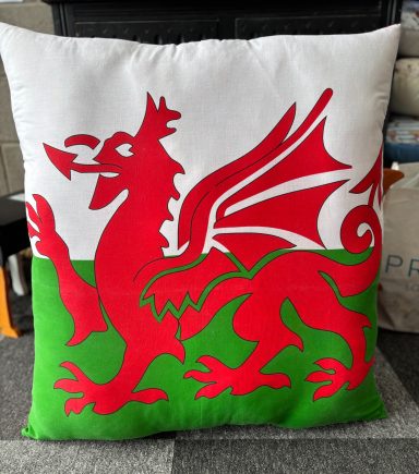 A cushion featuring the red Welsh dragon on a white and green background.
