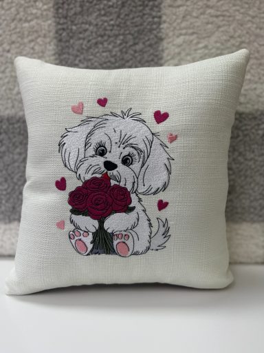 Cute, fluffy dog holding a bouquet of roses with hearts around it.