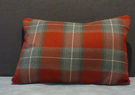 Red and grey plaid cushion on a grey background.