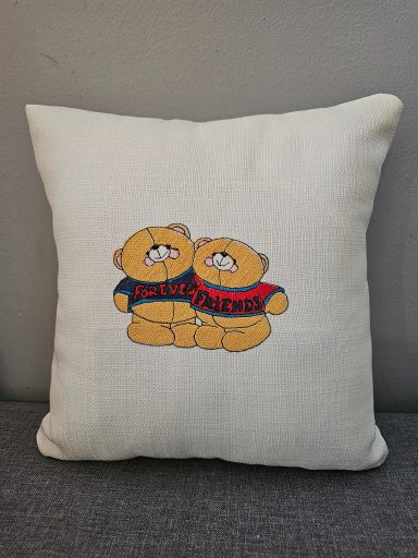 A decorative cushion with two cartoon bears wearing matching shirts and smiling.