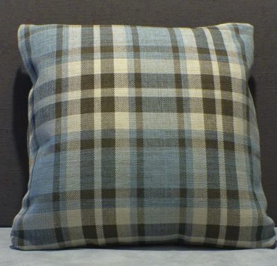 Blue and grey plaid cushion with a square shape and soft texture.