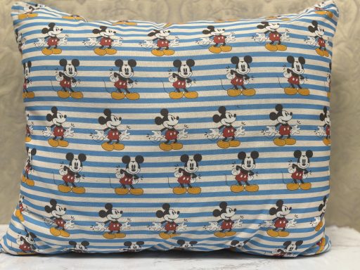 Mickey Mouse patterned cushion with blue and white stripes.