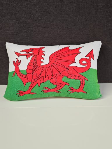 Red Welsh dragon on a green and white background, symbolising Wales.