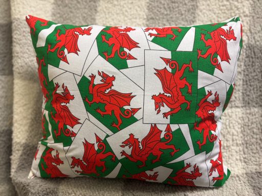 Cushion with a pattern of red dragons on a green and white background.