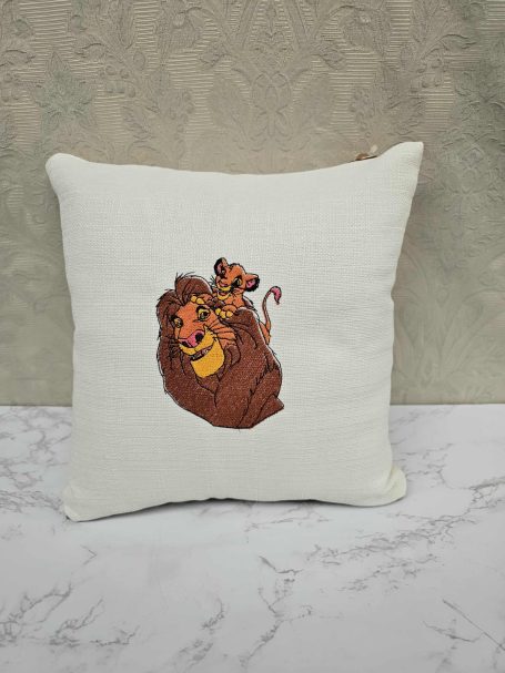 Cushion featuring a brown bear and a smaller animal, illustrated in a playful style.