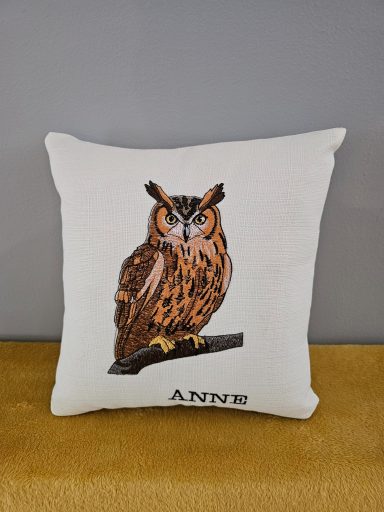 Decorative cushion featuring an illustrated owl with the name "ANNE" below it.