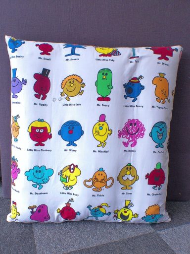 Cushion featuring various colourful characters from the "Mr Men" and "Little Miss" series.