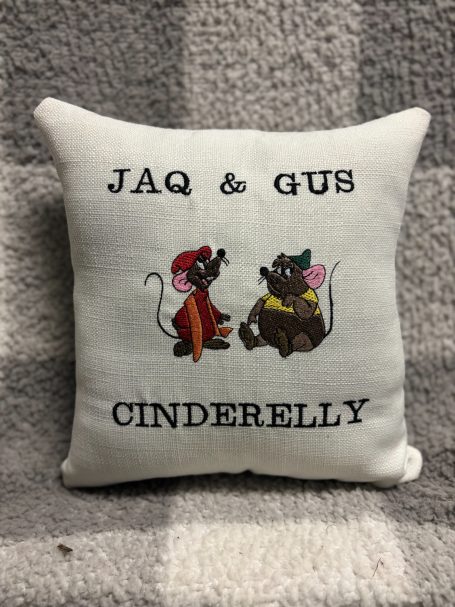 Cushion featuring Jaq and Gus, the mice from Cinderella, with the text "Jaq & Gus Cinderelly."